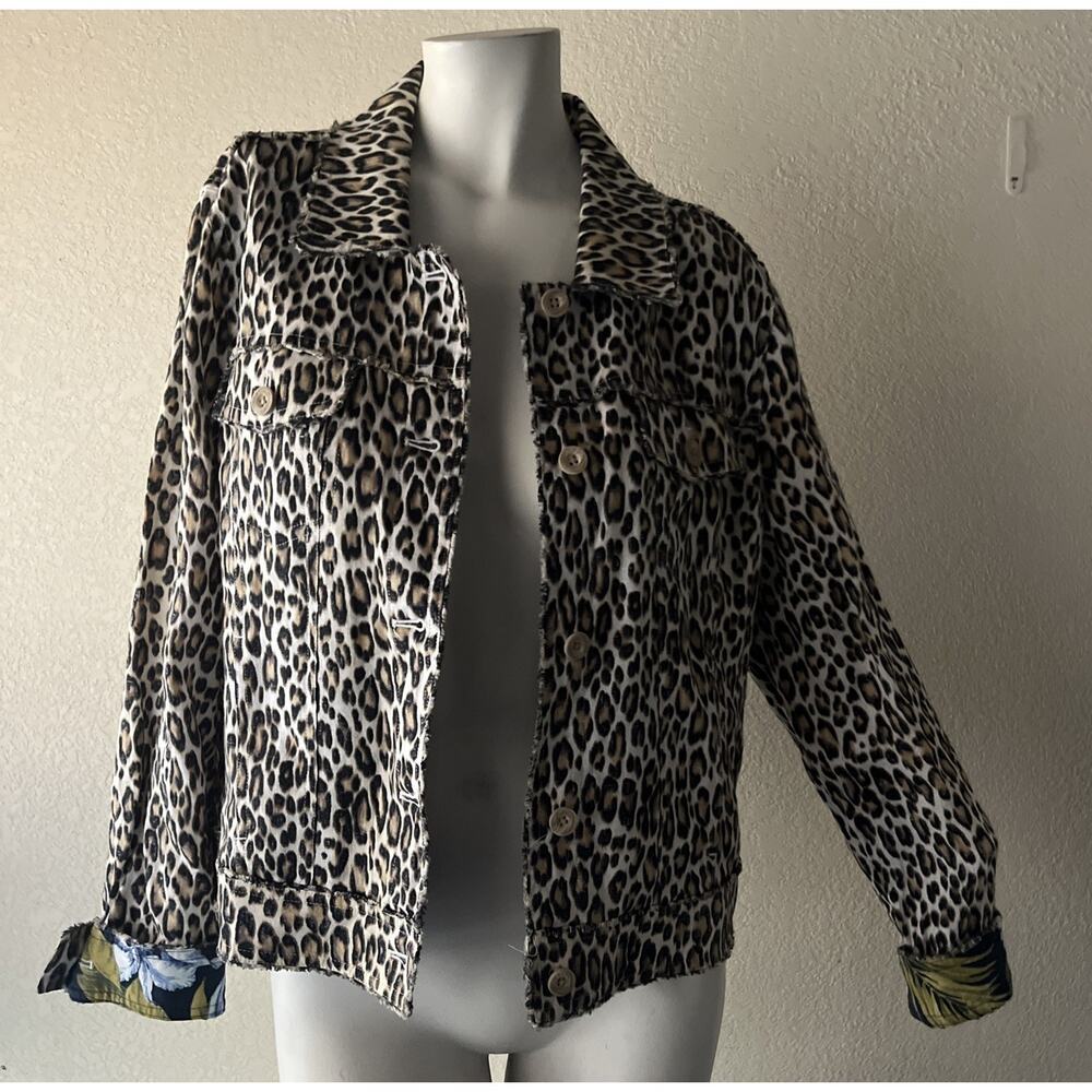 TOMMY BAHAMA TWO PALMS LAGOON LEOPARD 100% LINEN RAW EDGE FLIP CUFF JACKET Large - Picture 4 of 16